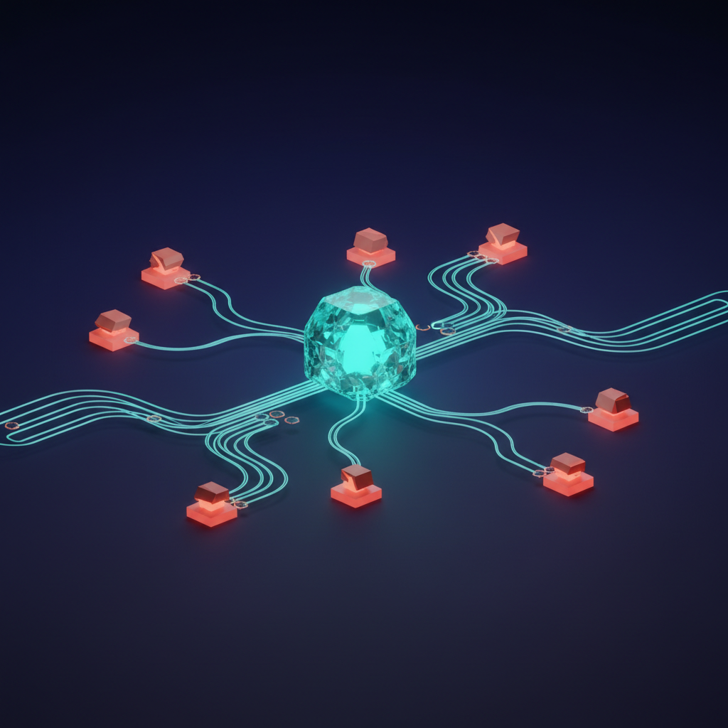 A conceptual diagram showing multiple AI agents being orchestrated in an autonomous system.