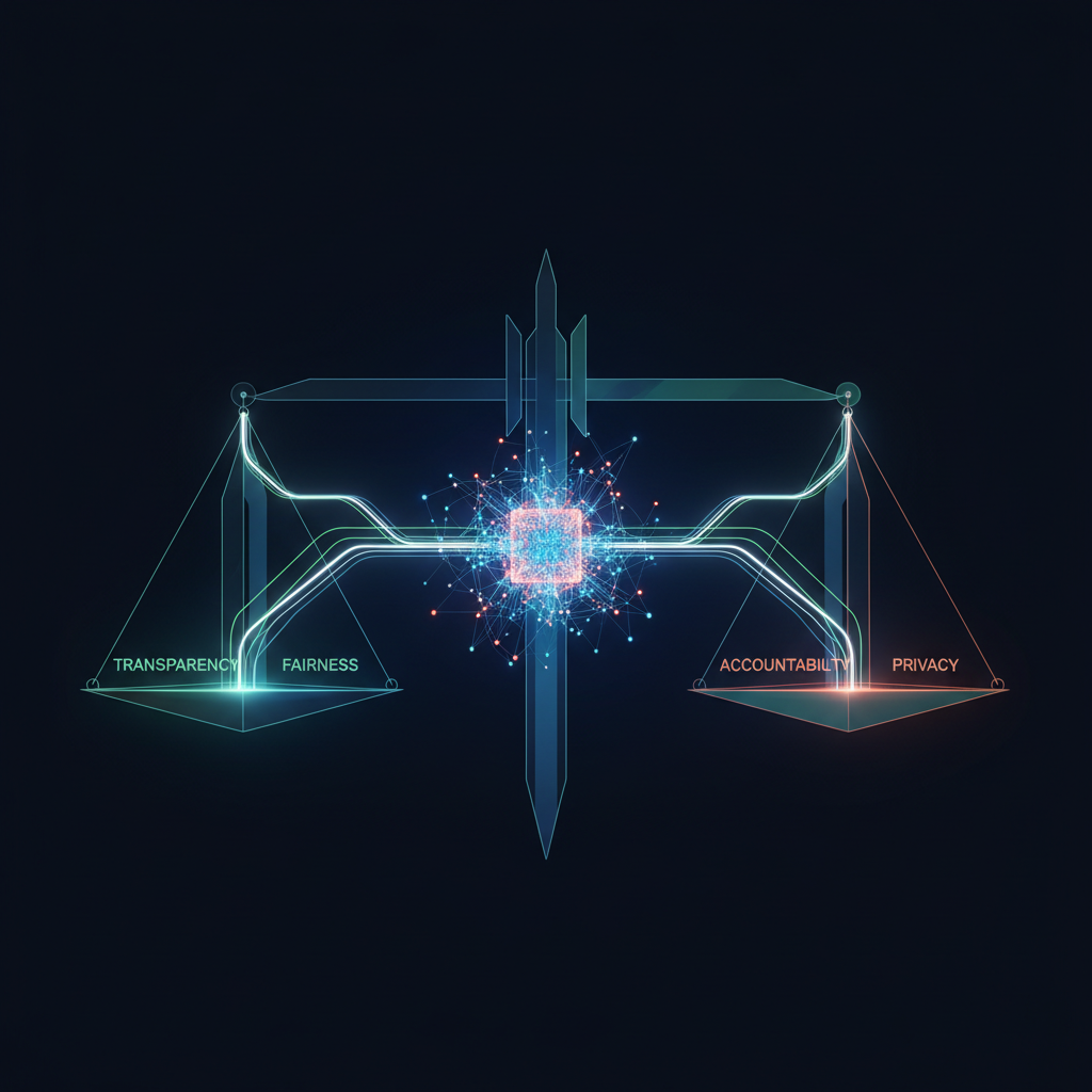 Abstract representation of AI ethics, responsible AI, and governance principles