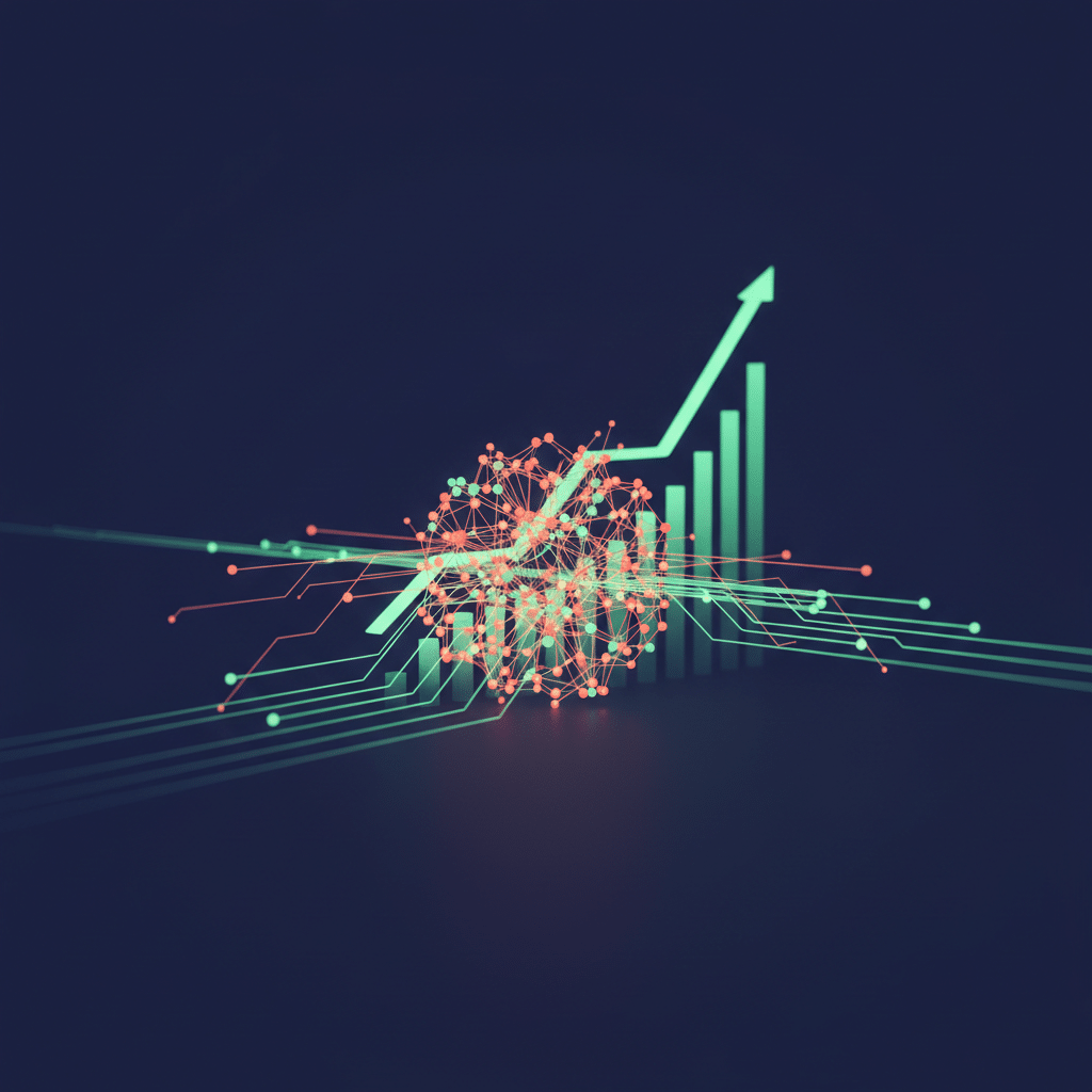 An image representing AI trading, with charts, graphs, and neural networks overlaid on financial market data, showing prediction market analysis.