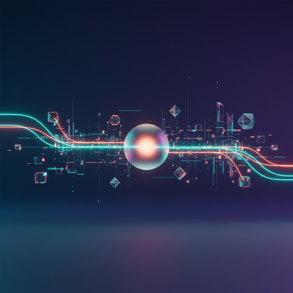 Illustration of autonomous AI agents collaborating and orchestrating tasks in a software development environment.