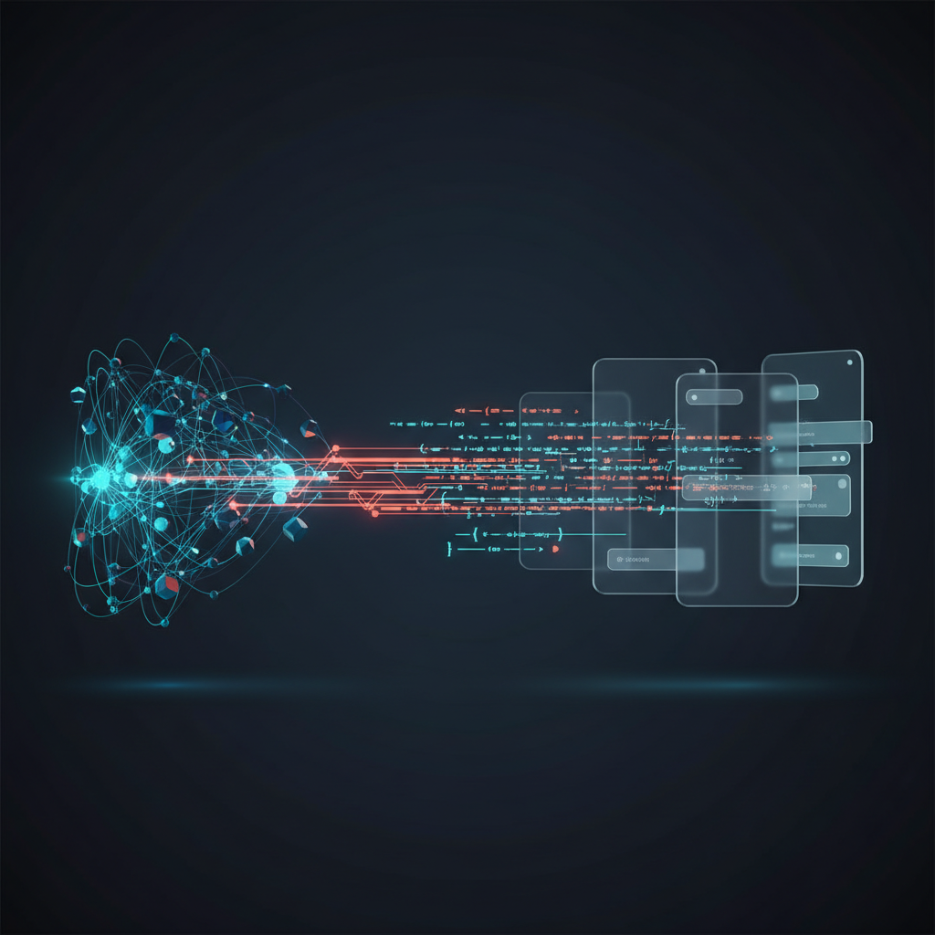 A conceptual image showing AI code transforming into an editable design within Figma's interface, highlighting the AI design to code workflow.