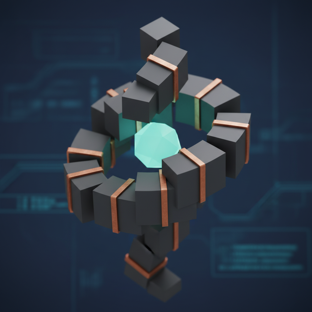 The official Rust language logo integrated with abstract representations of system components and development tools.