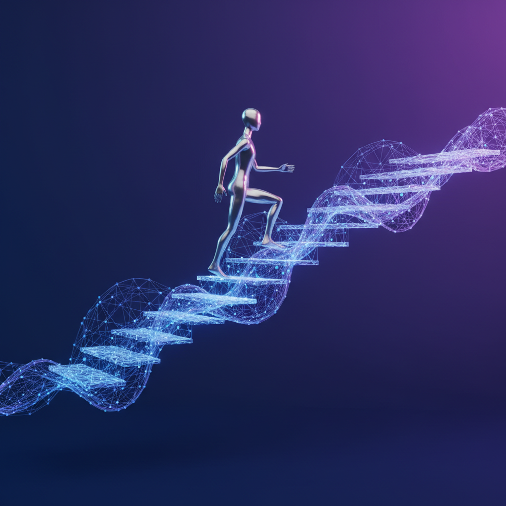 Image depicting a professional learning about AI skills and career guide, with data visualizations and future tech elements.