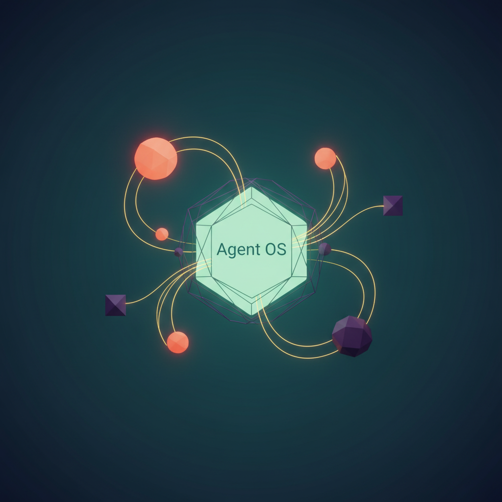 Diagram showing an AI agent operating system orchestrating multiple AI agents in a complex workflow