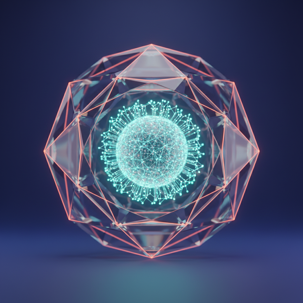 Abstract representation of AI security, trust, and governance frameworks with interconnected data nodes.