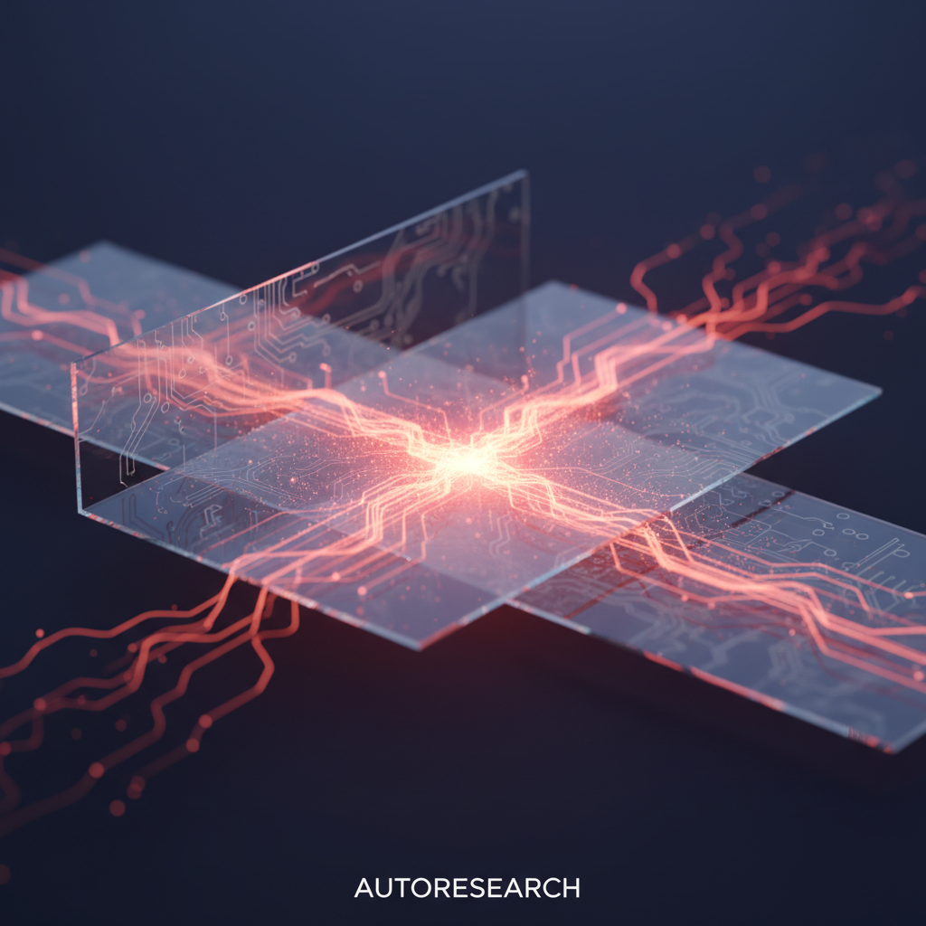 A conceptual diagram showing an autonomous AI system performing autoresearch for optimization.