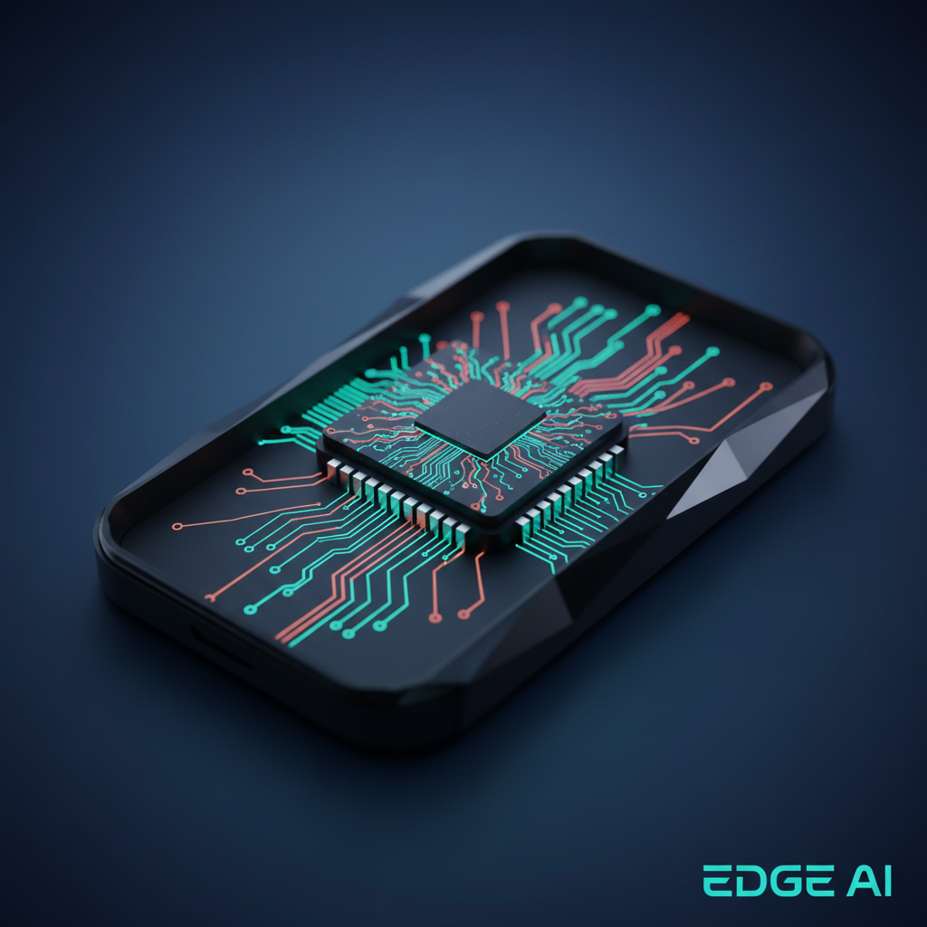 An illustration showing Edge AI devices leveraging specialized hardware acceleration for faster processing.