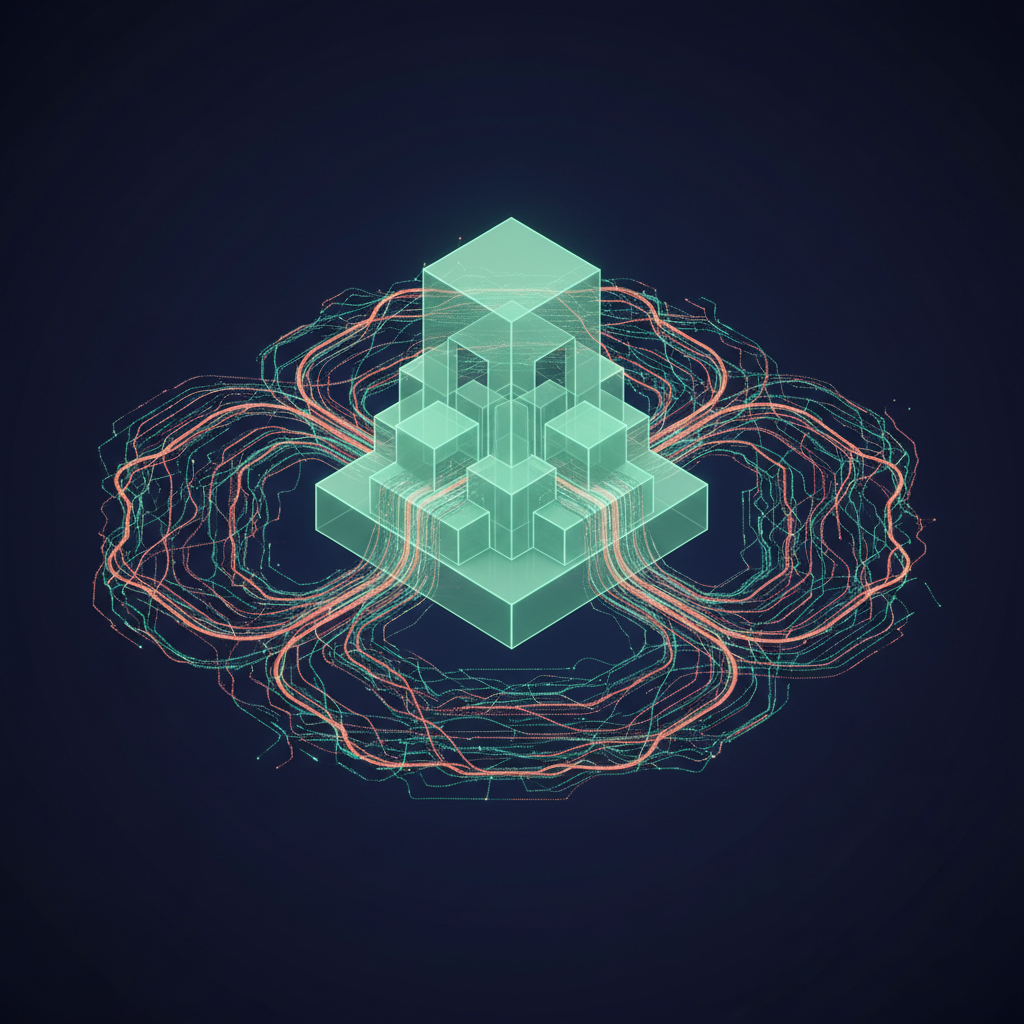 Abstract representation of ethical AI principles guiding societal governance and human oversight.