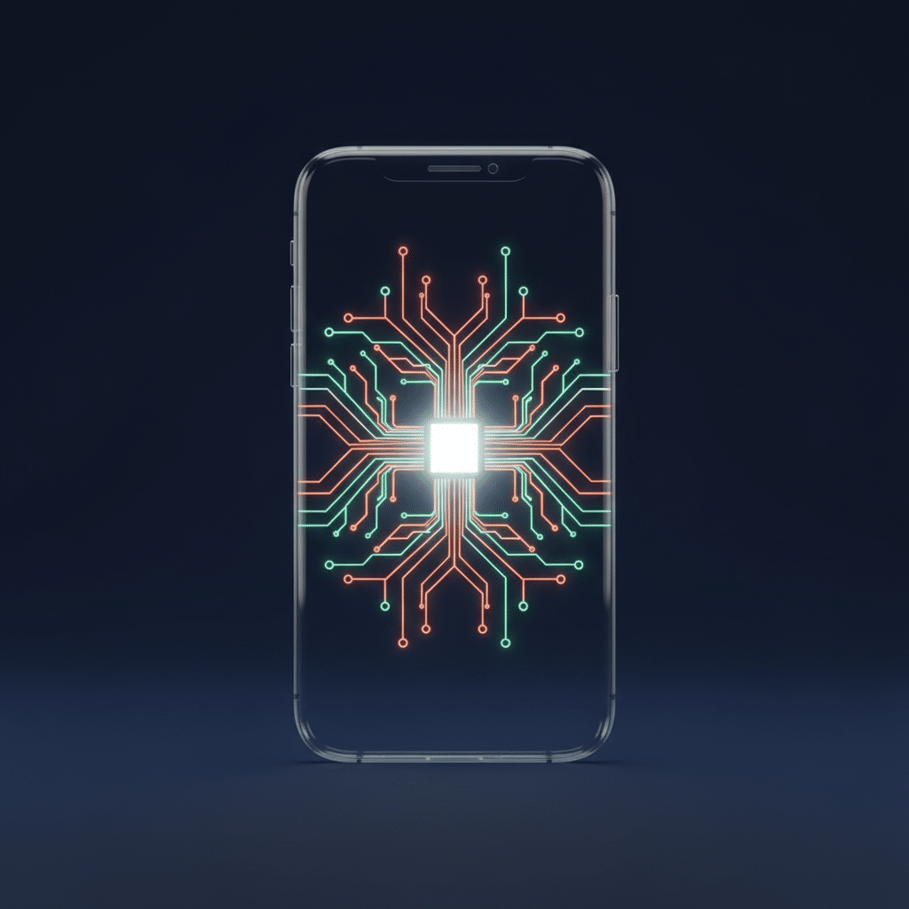 Illustration showing a smartphone with local AI processing capabilities, highlighting on-device model efficiency.