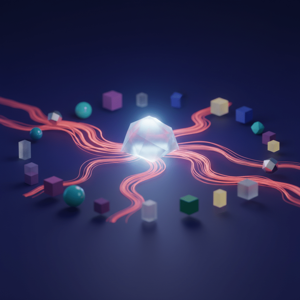 An abstract graphic depicting the interconnectedness and diversity of various Large Language Models (LLMs) within a flourishing AI ecosystem.