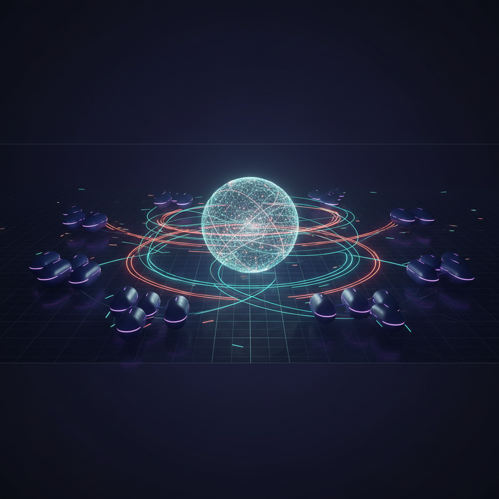 Conceptual image depicting the sophisticated process of LLM orchestration through a multi-agent framework, enhancing AI workflow.