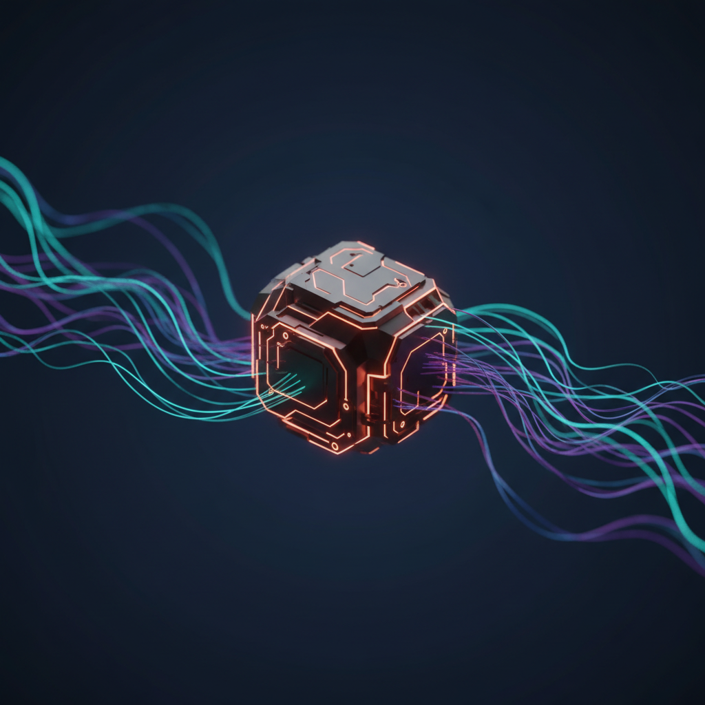 Abstract illustration showcasing Rust programming language concepts intertwined with AI neural networks and development tools, representing Rust AI's power in high-performance computing.