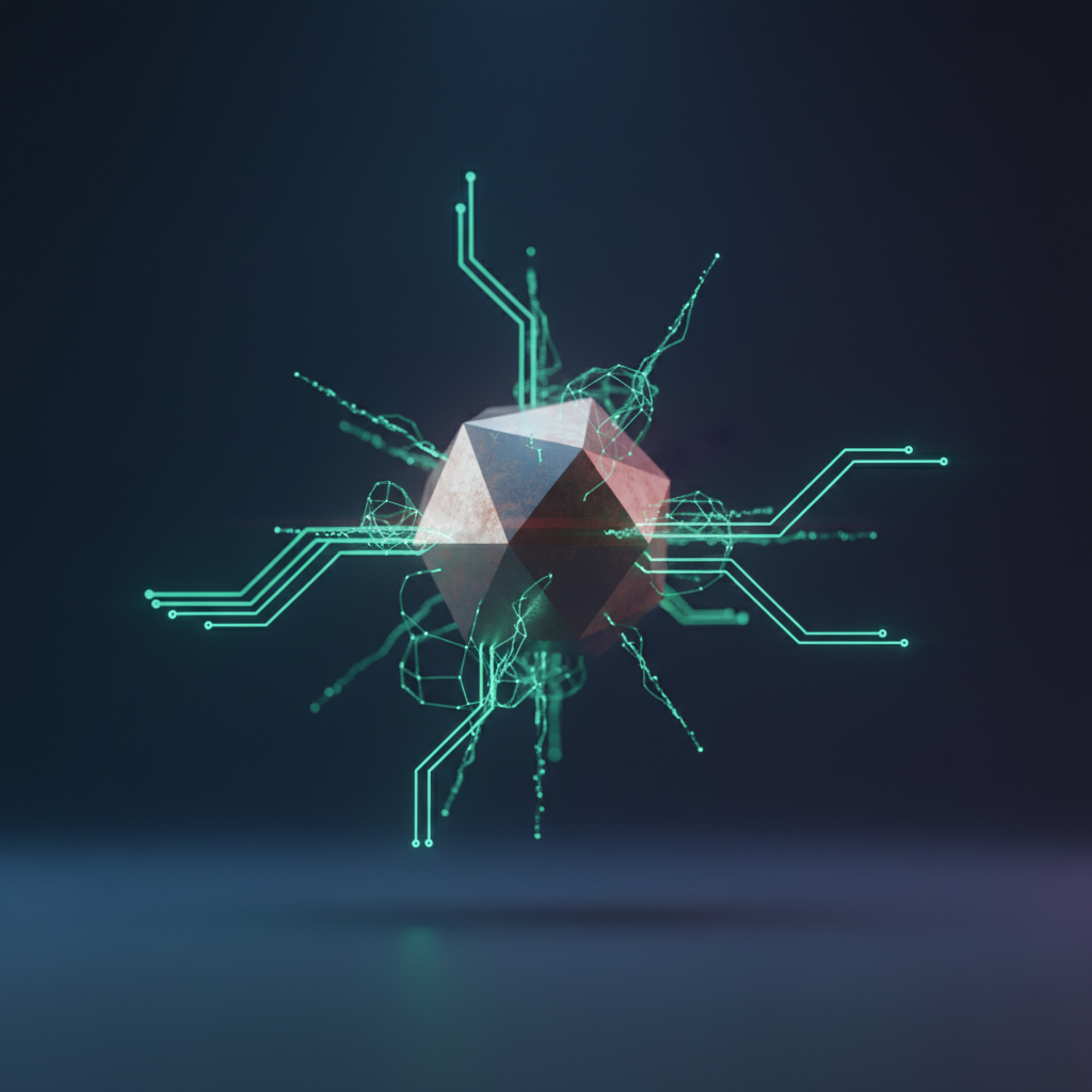 An illustration depicting the Rust logo intertwined with AI circuits and server racks, showing its role in advanced infrastructure.